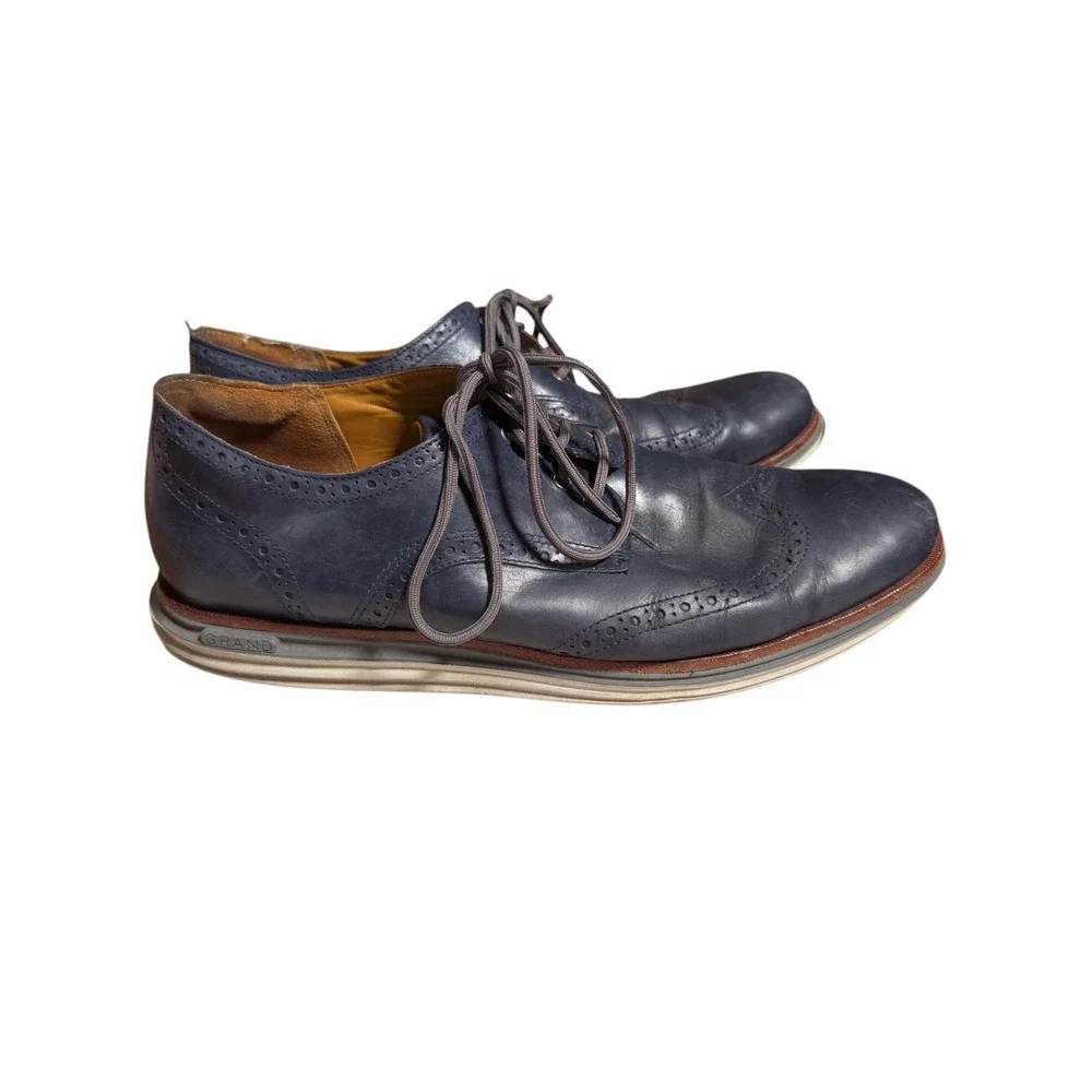 Cole Haan Original Grand Wingtip Oxford Navy‎ Blue Leather Mens Dress Shoes